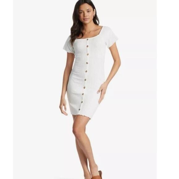 ROXY‎ NWT Sandy Hills Cream Ribbed Stretch Knit Mini Dress Square Neck Sz xl - Picture 1 of 6